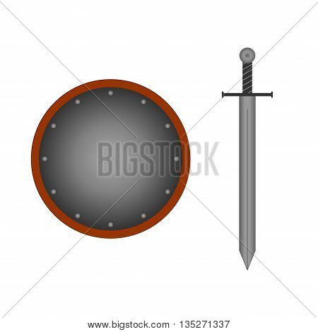 Set of sign round shield and sword silver. Combat icon isolated on white background. Mark with volume effect. Symbol of a steel elements. Logo for military and security. Stock vector illustration