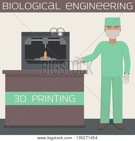 Medical 3D printing for producing a cellular construct, biological engineering, printing organs. 3d printer. Vector illustration.