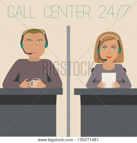 A girl and a guy working in support, call center. Vector illustration.