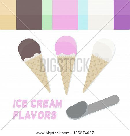 Ice cream in a cone, 3 and more flavors - strawberry, chocolate, vanilla, mint, pistachio, pralines and cream, berry