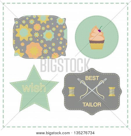 Decorative elements- label with threads, needles and inscription 