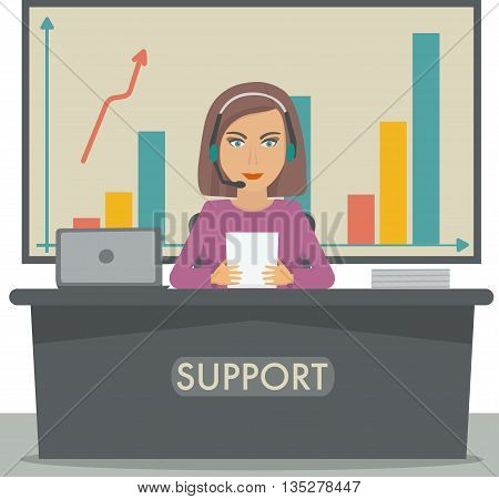 Girl working in support, call center manager, secretary at the reception, sales manager. Vector illustration.