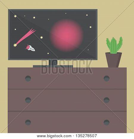Interior with a TV and desk. Space on TV, cactus on the desk. Vector illustration.