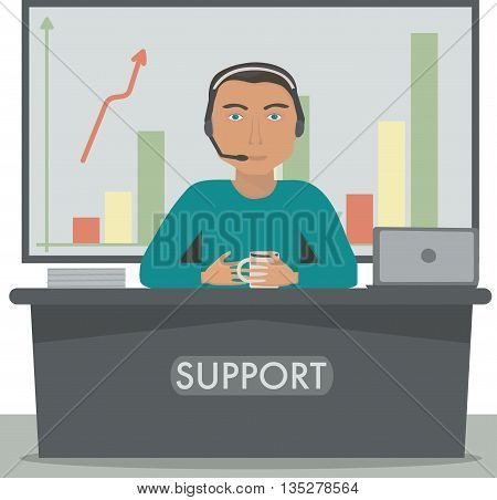 Man working in support, call center manager, secretary at the reception.Vector illustration.