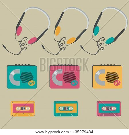 Retro audio cassette players, tapes, headphones. Vector illustration.