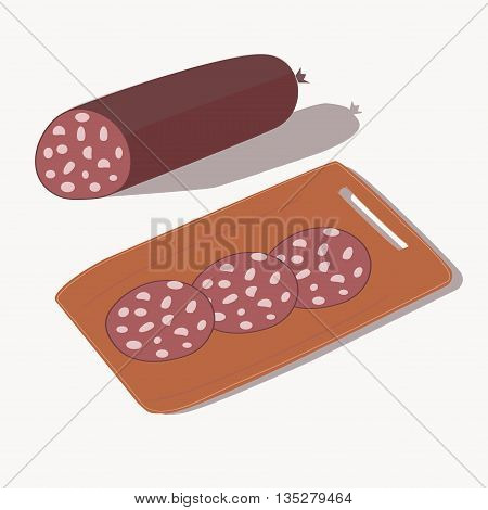 The sausage and a slices of sausage on the orange cutting board.