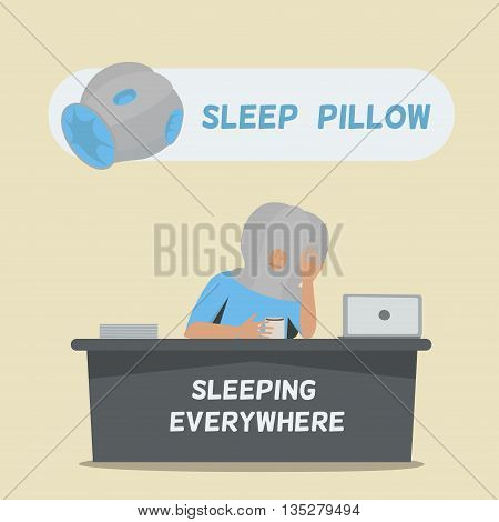 Sleep pillow for sleeping everywhere. Pillow like Ostrich. Tired businessman sleeping on office table. Vector illustration.