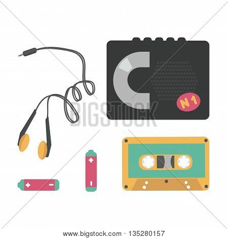 The cassette player with tape, headphones and batteries.