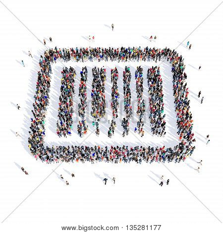 Large and creative group of people gathered together in the shape of a barcode, buy, image. 3D illustration, isolated, white background.