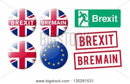 Bremain or Brexit in exit sign, badges and red ink stamps