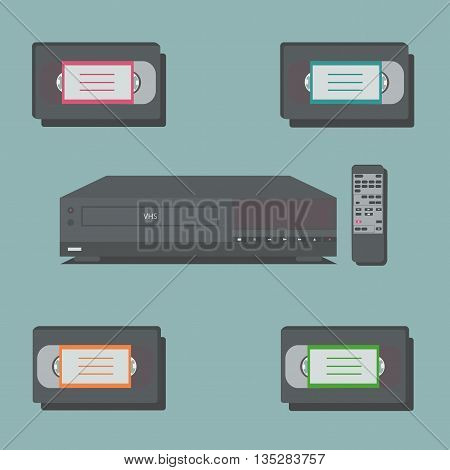 Video player with remote control and 4 video tapes.