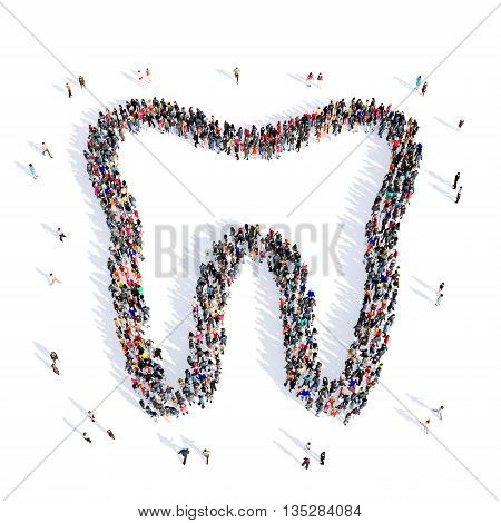 Large and creative group of people gathered together in the shape of a tooth, dentistry, image. 3D illustration, isolated, white background.