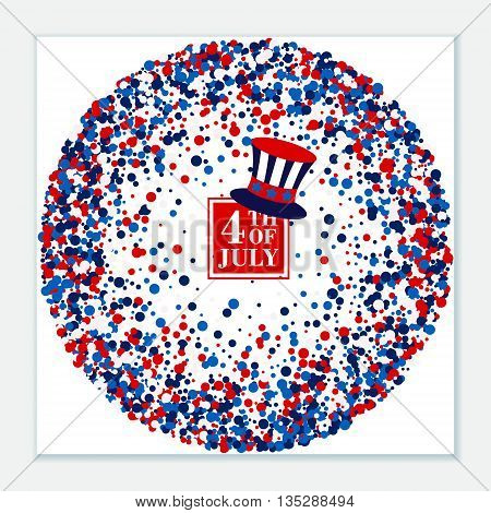 4th of July festive greeting card with top hat on scatter circles background.
