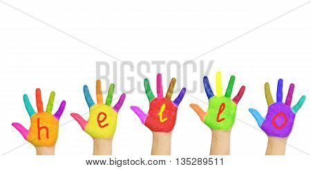 Word hello painted on hands. Isolated on white background