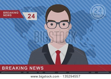 Anchorman on tv broadcast news. Anchorman on a globe background. Anchorman flat vector illustration. Anchorman with the release of breaking news.