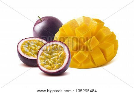 Mango cut maraquia passion fruit isolated on white background as package design element