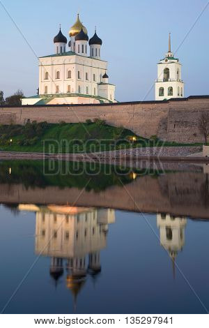Trinity Cathedral and its reflection in the may twilight. Pskov, Russia