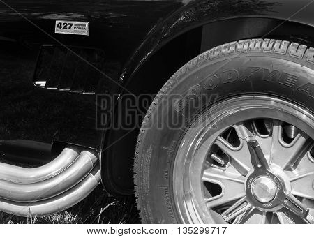 GROSSE POINTE SHORES MI/USA - JUNE 19 2016: A 1965 Shelby S/C Cobra 427 exhaust at the EyesOn Design car show, held at the Edsel and Eleanor Ford House, near Detroit, Michigan.