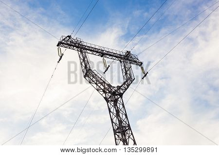 the pylons of a power line with sun and blue sky