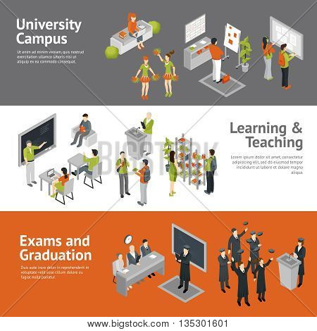 Horizontal college university isometric banners depicting process of learning teaching passing exams and life in campus isolated vector illustration