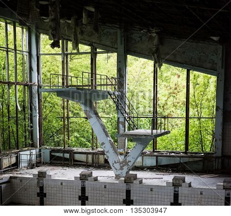 abandoned swimming pool in Pripyat school, Chernobyl, Ukraine