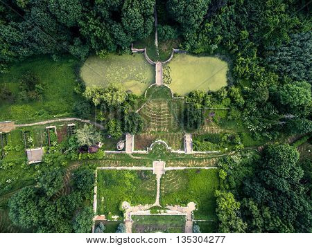 beautiful aerial view on White Swan palace yard in Sharivka park, Kharkiv region, Ukraine