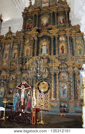 Kozelets town, Chernihiv region / Ukraine - 25 February 2015: beautiful iconostasis with ancient icons set in Spaso-Preobrazhenska church in Kozelets in Ukraine. 25 February 2015 in Kozelets town / Ukraine.