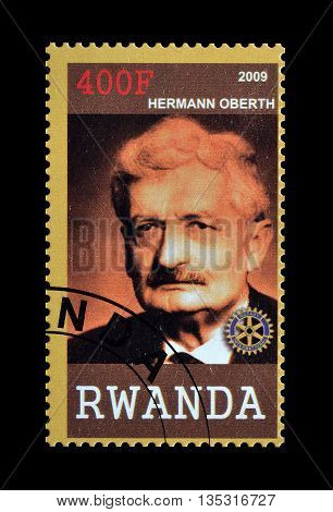 RWANDA - CIRCA 2009 : Cancelled postage stamp printed by Rwanda, that shows Hermann Oberth.