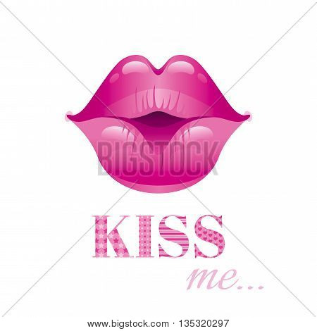 Sexy kissing woman lips with pink lipstick on white background. Icon with text Kiss Me for greeting card design. Beautiful close up kiss vector illustration