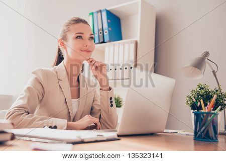 Happy Businesswoman  Dreaming About Rest While Working On Laptop