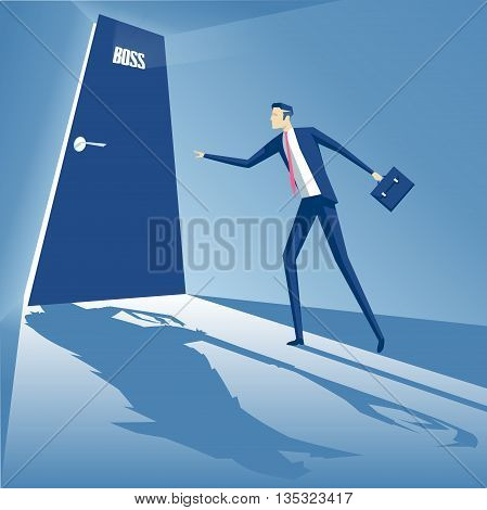 The business concept of fear of the authorities an employee is standing at the door of the boss the boss is furious and turns into a werewolf boss monster