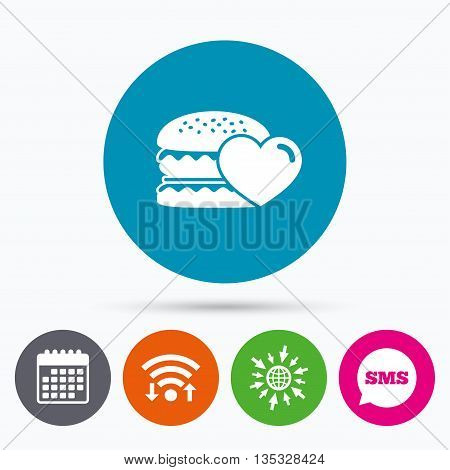 Wifi, Sms and calendar icons. Hamburger icon. Burger food symbol. Cheeseburger sandwich sign. Go to web globe.