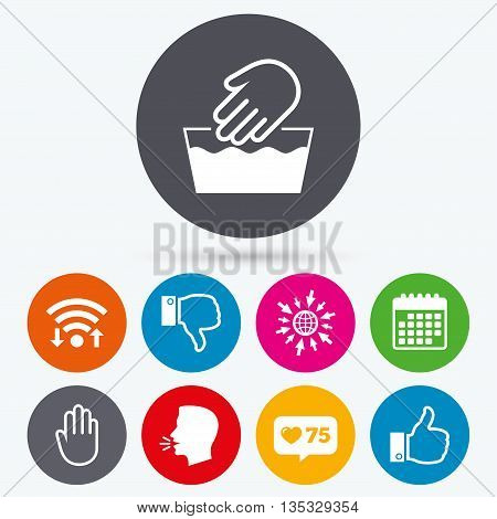 Wifi, like counter and calendar icons. Hand icons. Like and dislike thumb up symbols. Not machine washable sign. Stop no entry. Human talk, go to web.