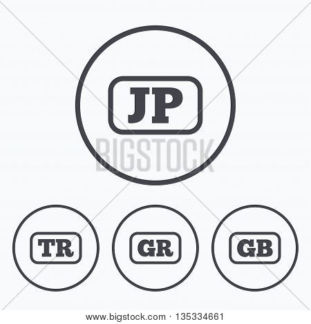 Language icons. JP, TR, GR and GB translation symbols. Japan, Turkey, Greece and England languages. Icons in circles.