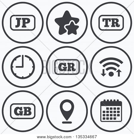 Clock, wifi and stars icons. Language icons. JP, TR, GR and GB translation symbols. Japan, Turkey, Greece and England languages. Calendar symbol.