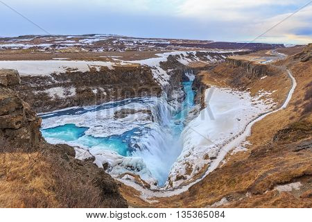 Gullfoss waterfall  in winter. Gullfoss is one of the most popular tourist attractions in Iceland.