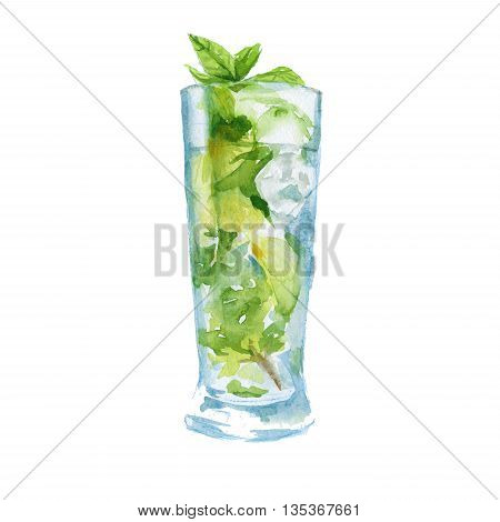 cocktail with fruit and mint. in clear glass. isolated. watercolor illyustrtsiya