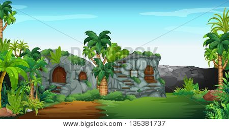 Nature scene with stone houses illustration