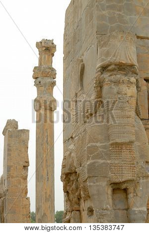 Detail of ancient sculptures (Gate of All Nations) of Persepolis Iran