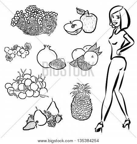 Fruits Outline Sketches With Nice Healty Girl