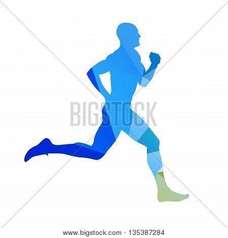 Abstract blue running man. Runner vector silhouette. Profile side view