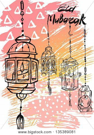 Eid Mubarak letteringhand draw abstract greeting background.Eid backgroundeid greetings cardeid cardshiny lampseid celebrationeid al adha.Holidaymuslim community festival greeting card template