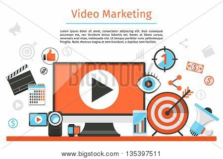 Video marketing. Abstract vector concept background. Goal and target, aim and camera, optimization marketing, internet marketing illustration