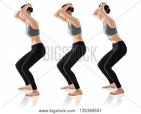 Sporty beautiful young woman practicing Uddiyana Bandha technique isolated on white