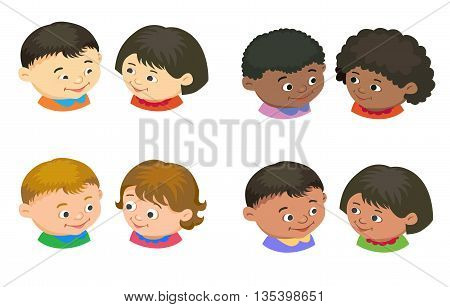 Cartoon kids icon boy girl icon head in pair isolated vector illustration european