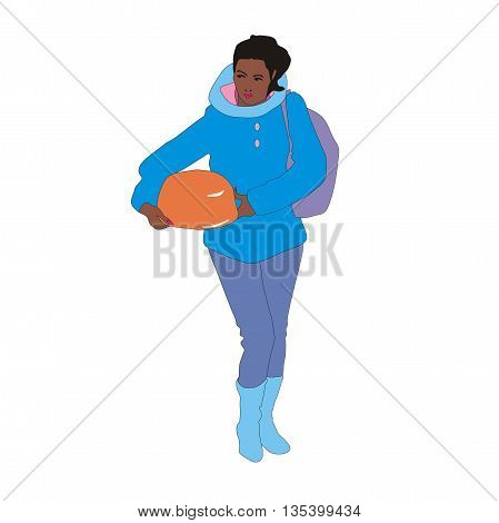Illustration fashion young woman carrying shopping and big torte in her hands