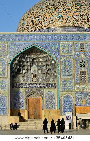 ISFAHAN - APRIL 19: exterior of the Sheikh Lotfollah Mosque in Isfahan Iran on April 19 2015. Construction of the mosque started in 1603 and was finished in 1619.