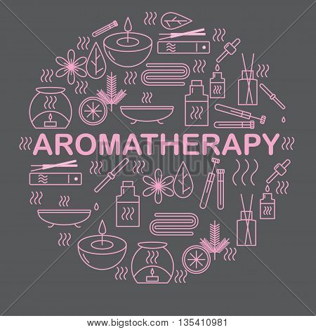 Aromatherapy. Round banner with icons aromatherapy. Icons for relaxation and spa. Vector illustration.