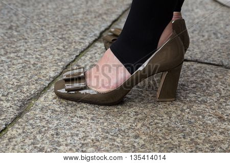 MILAN ITALY - JUNE 19: Detail of shoes outside Missoni fashion show building during Milan Men's Fashion Week on JUNE 19 2016 in Milan.