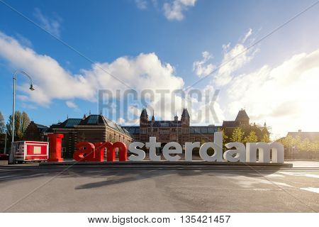 Amsterdam; Netherlands on May 3; 2016 : Rijksmuseum Amsterdam museum area with the words I AMSTERDAM is shown in Amsterdam Netherlands.